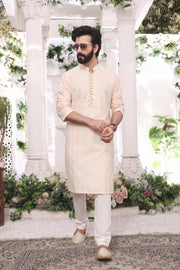 Golden & White Color Mirror Embroidered Self-Cotton Kurta Pajama For Men