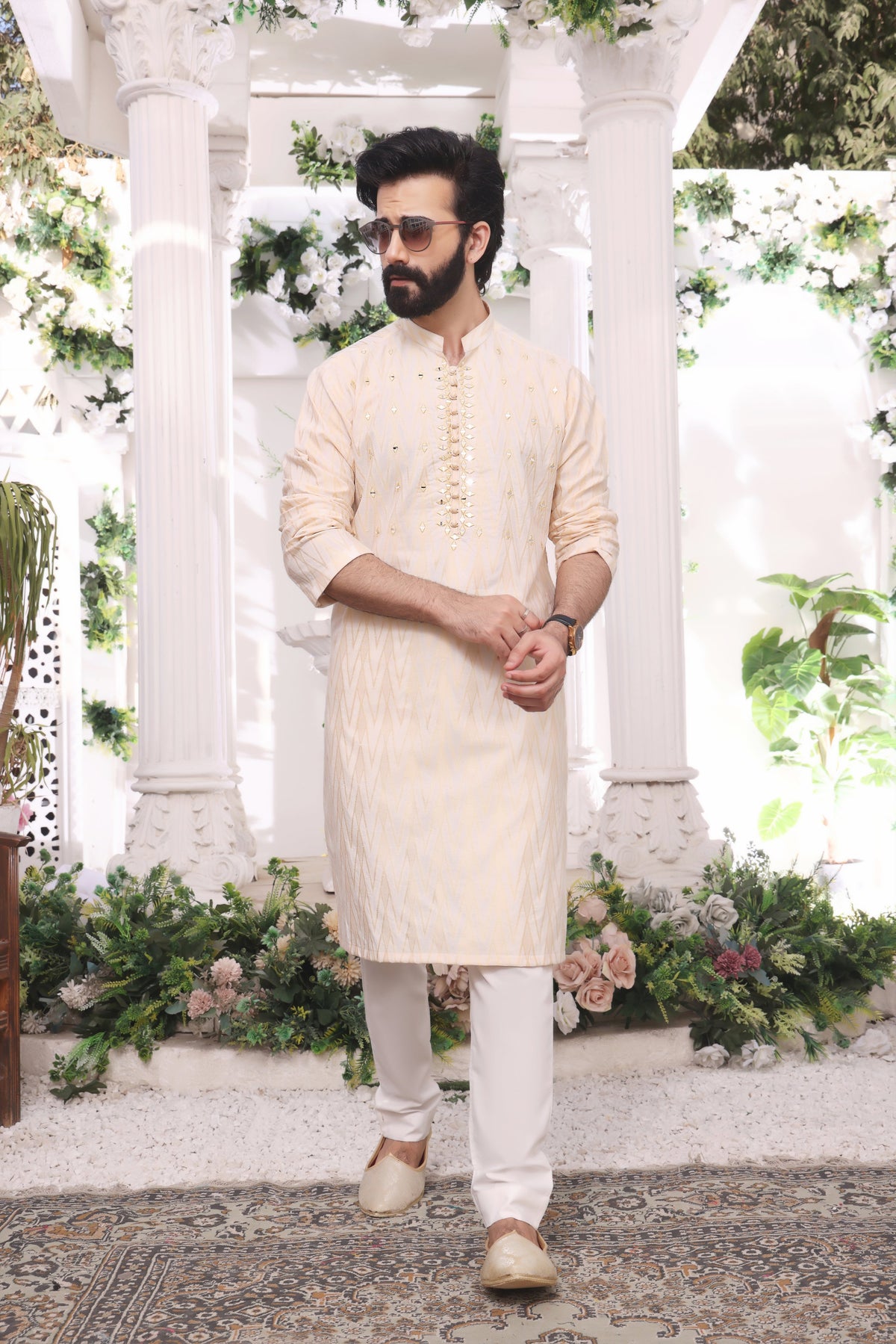 Golden & White Color Mirror Embroidered Self-Cotton Kurta Pajama For Men