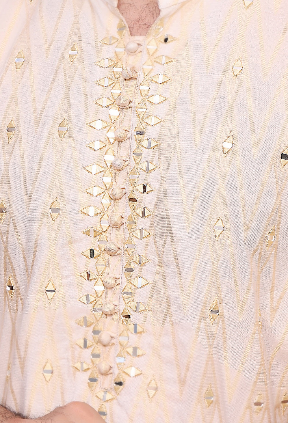 Golden & White Color Mirror Embroidered Self-Cotton Kurta Pajama For Men