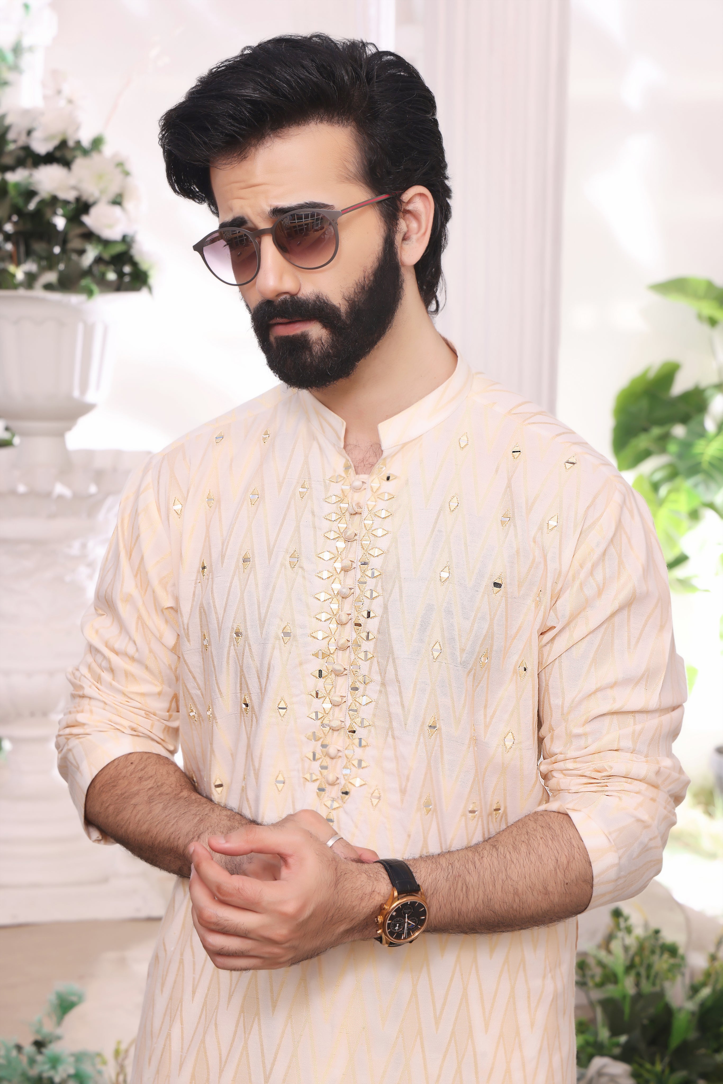 Golden & White Color Mirror Embroidered Self-Cotton Kurta Pajama For Men