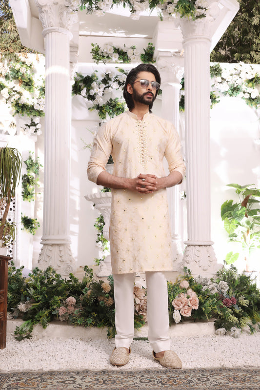 Cream Color Mirror Embroidery Self Cotton Fabric Kurta Pajama For Men