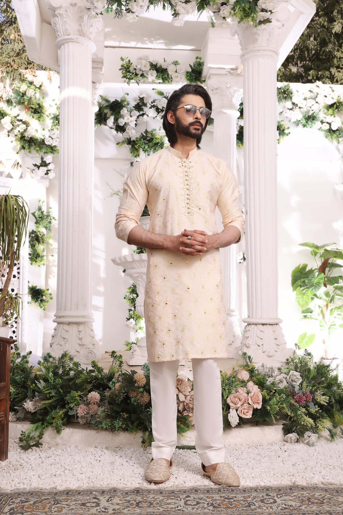 Golden Color Mirror Embroidered Self-Cotton Kurta Pajama For Men