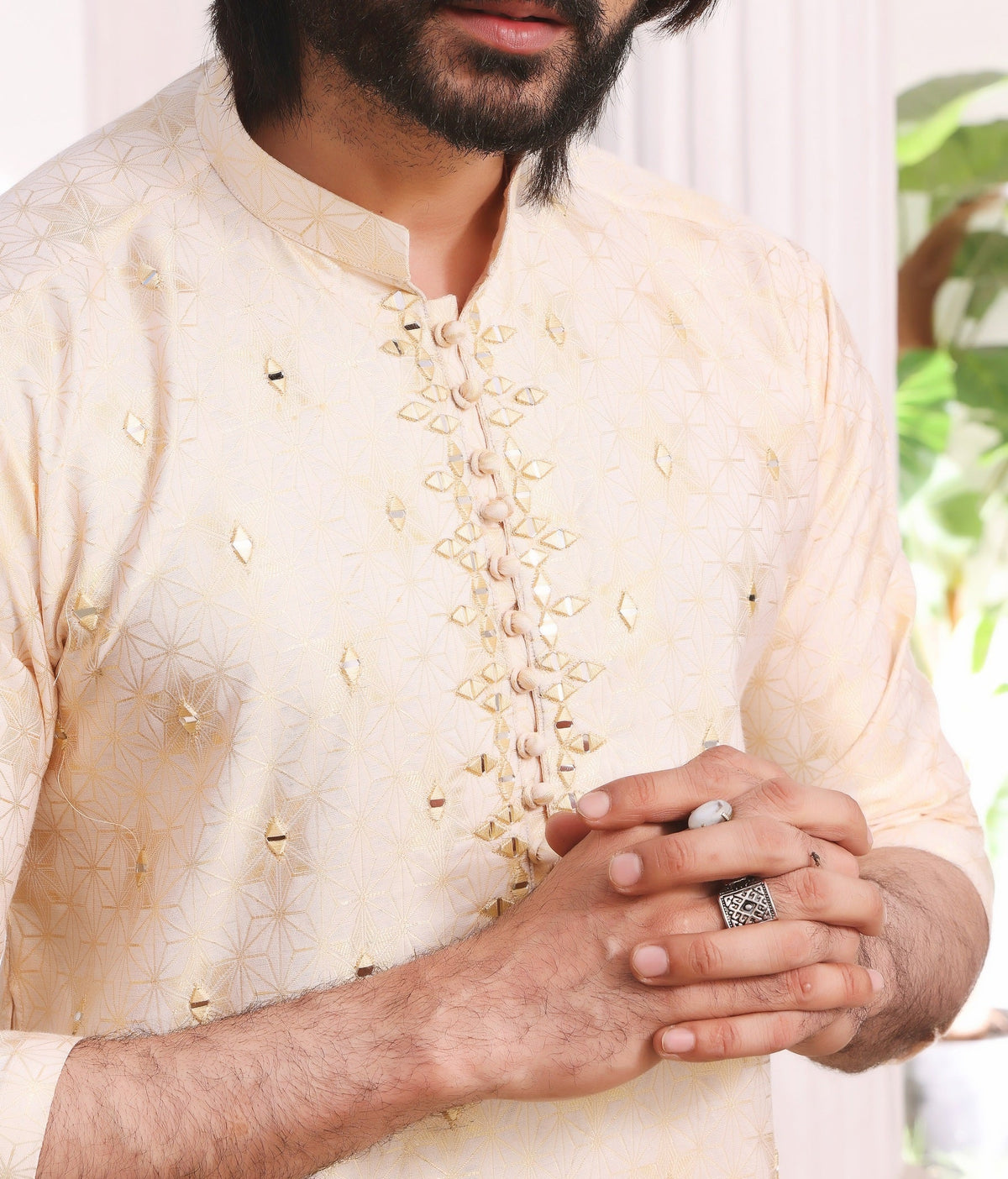 Golden Color Mirror Embroidered Self-Cotton Kurta Pajama For Men
