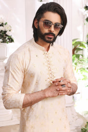 Golden Color Mirror Embroidered Self-Cotton Kurta Pajama For Men
