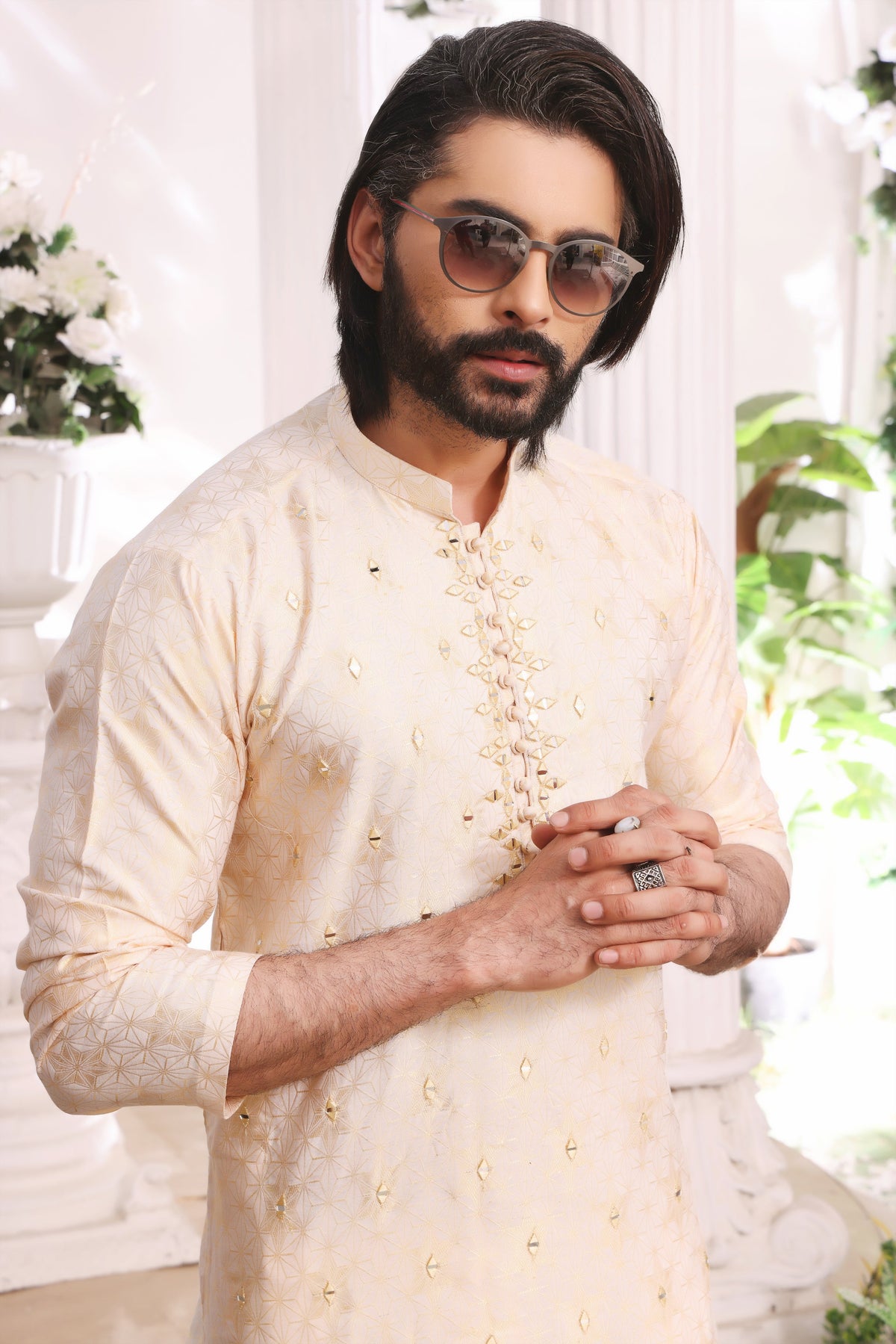 Golden Color Mirror Embroidered Self-Cotton Kurta Pajama For Men