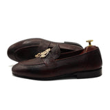 Brown Two-Tone Leather Adorned With Golden Buckle Shoes For Men