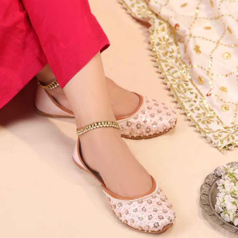 Blush Pink Pearl & Floral Embellished Khussa For Women