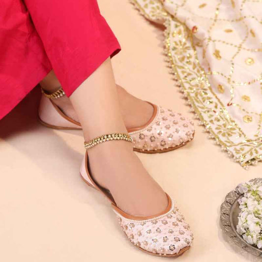Blush Pink Pearl & Floral Embellished Khussa For Women