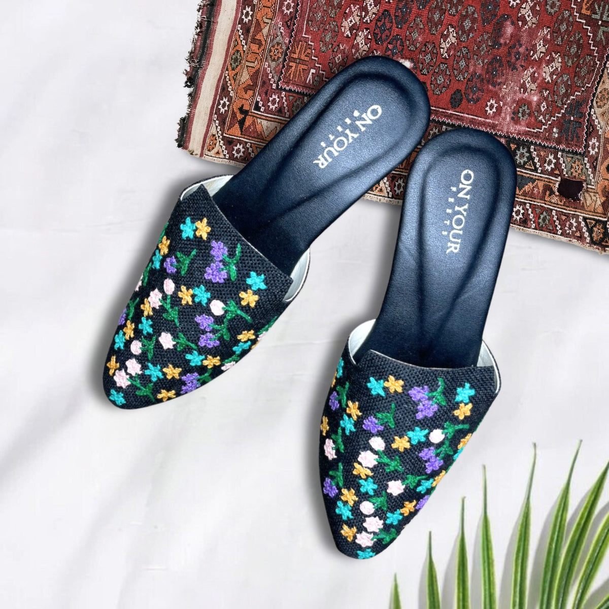 Black Handcrafted Jute Mule Shoes For Women