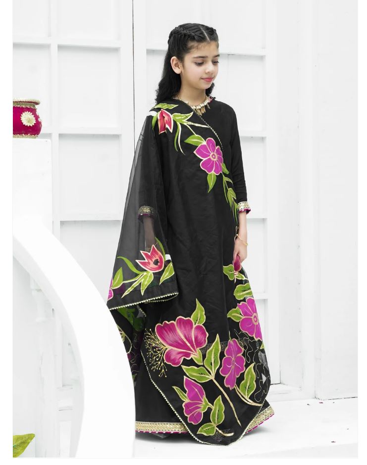 Elegant Soft Raw Silk 3-Piece Suit with Hand-Painted Organza Dupatta For Girls