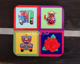 Rickshaw/Truck & Chainak Theme Printed Wooden Tea Coaster (Set of Six Pieces)