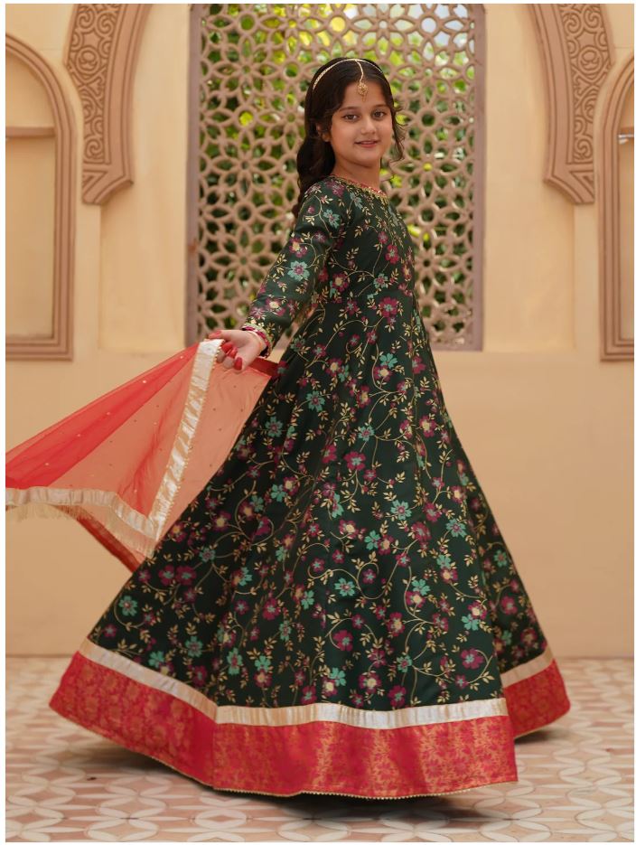 Festive Screen Printed Maxi with Net Dupatta For Girls