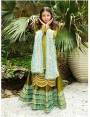 Elegant Soft Raw Silk 3-Piece Suit with Block Printed Lehenga For Girls