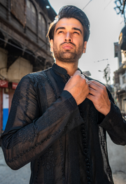 Black Embroidered Short Kurta with Pajama For Men