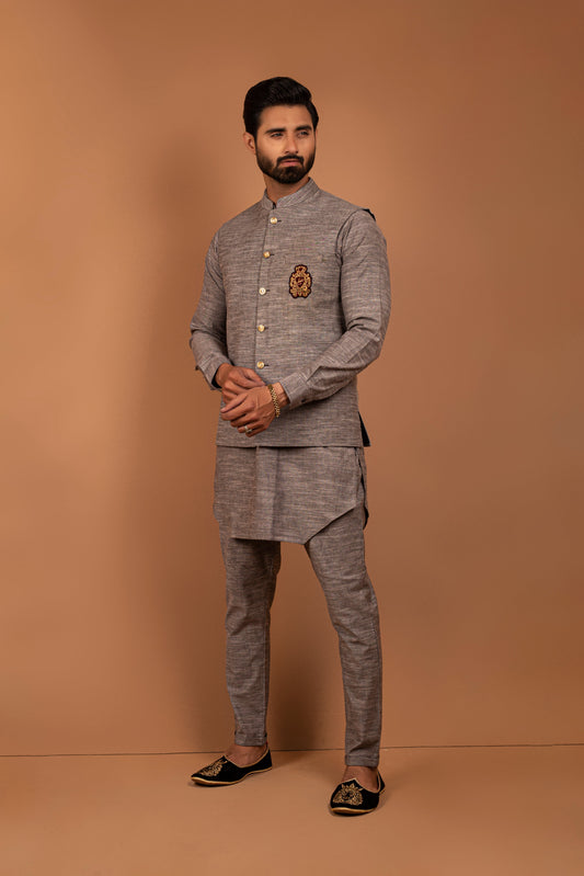 Grey Color Embroidered Logo Waist Coat For Men