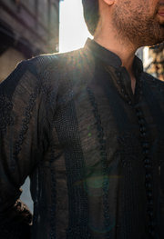 Black Embroidered Short Kurta with Pajama For Men