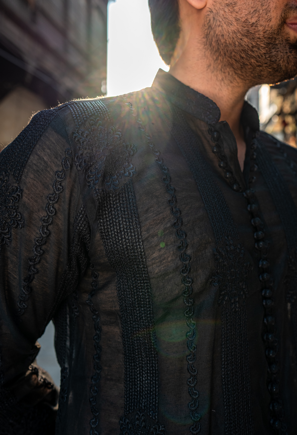 Black Embroidered Short Kurta with Pajama For Men