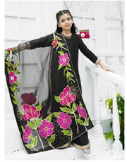 Elegant Soft Raw Silk 3-Piece Suit with Hand-Painted Organza Dupatta For Girls
