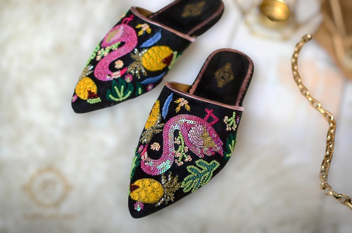 Flamingo Mules with Sequins and Resham Work For Women
