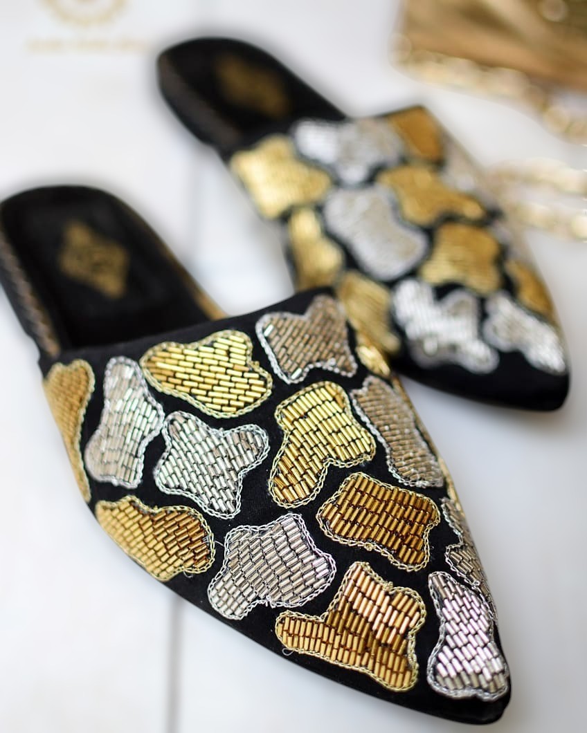 Cara Mules with Gold and Silver Cutdana Work on Black Base For Women