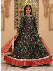 Festive Screen Printed Maxi with Net Dupatta For Girls