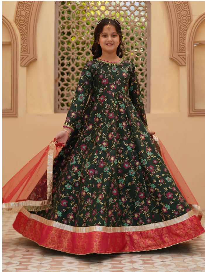 Festive Screen Printed Maxi with Net Dupatta For Girls