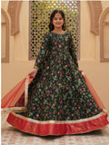 Festive Screen Printed Maxi with Net Dupatta For Girls