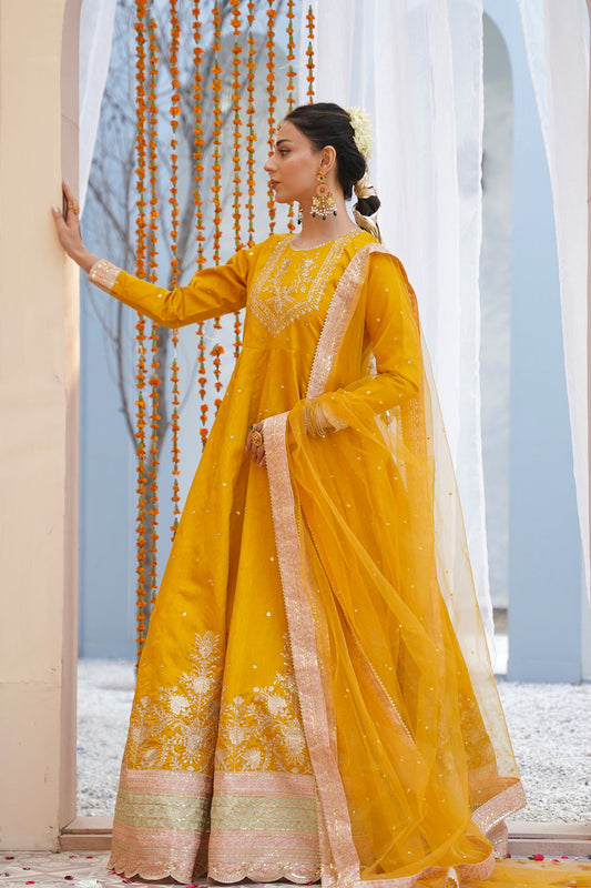 Zarreen Mustard Premium Raw Silk Maxi with Dupatta For Women
