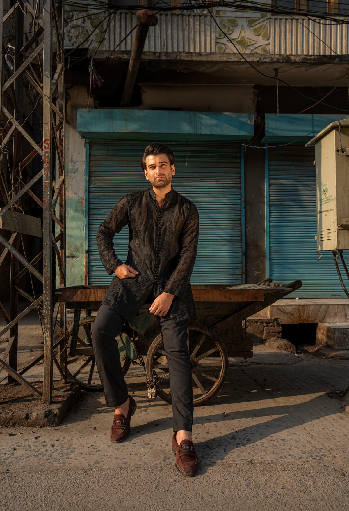 Black Embroidered Short Kurta with Pajama For Men
