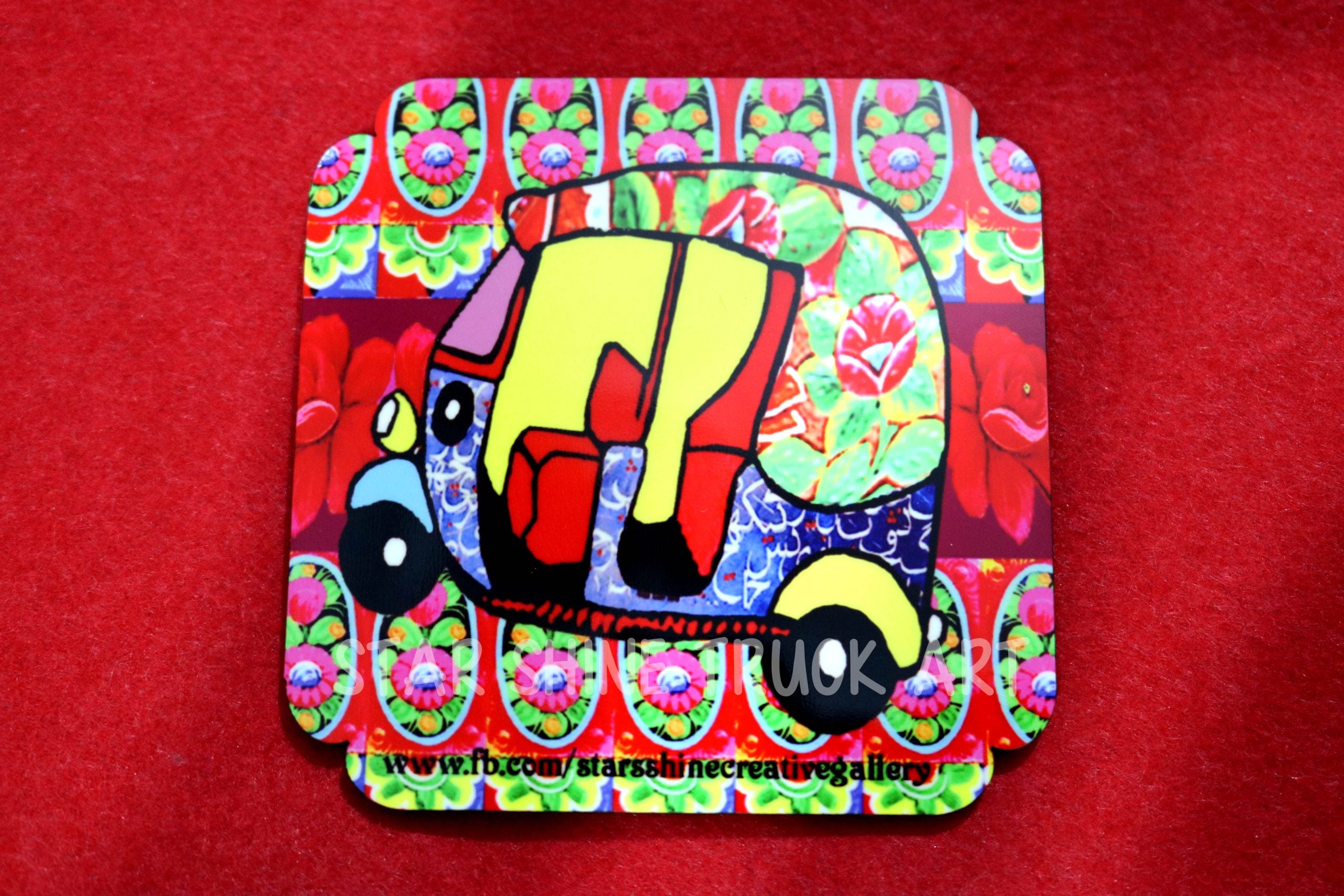 Red Color Rickshaw Design Tea Coaster (Set of Six Pieces)