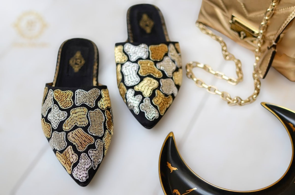 Cara Mules with Gold and Silver Cutdana Work on Black Base For Women