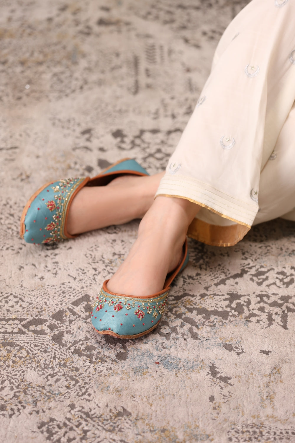 Dastoor Aqua Blue Embellished Khussa For Women