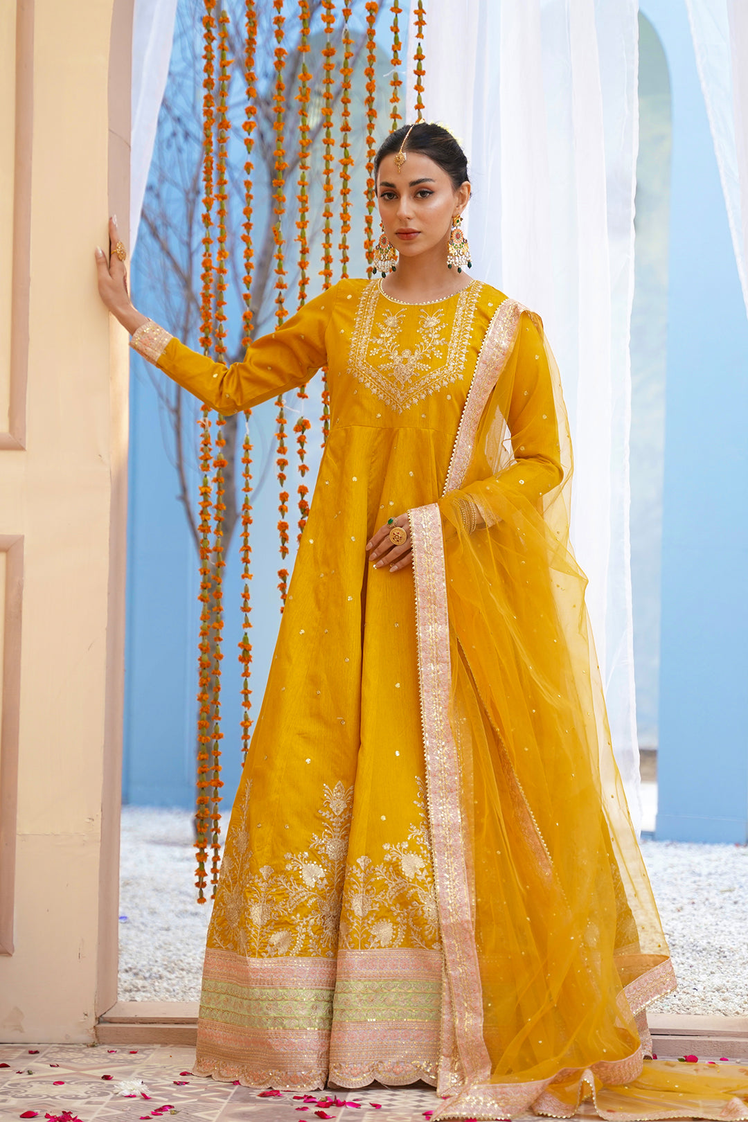 Zarreen Mustard Premium Raw Silk Maxi with Dupatta For Women