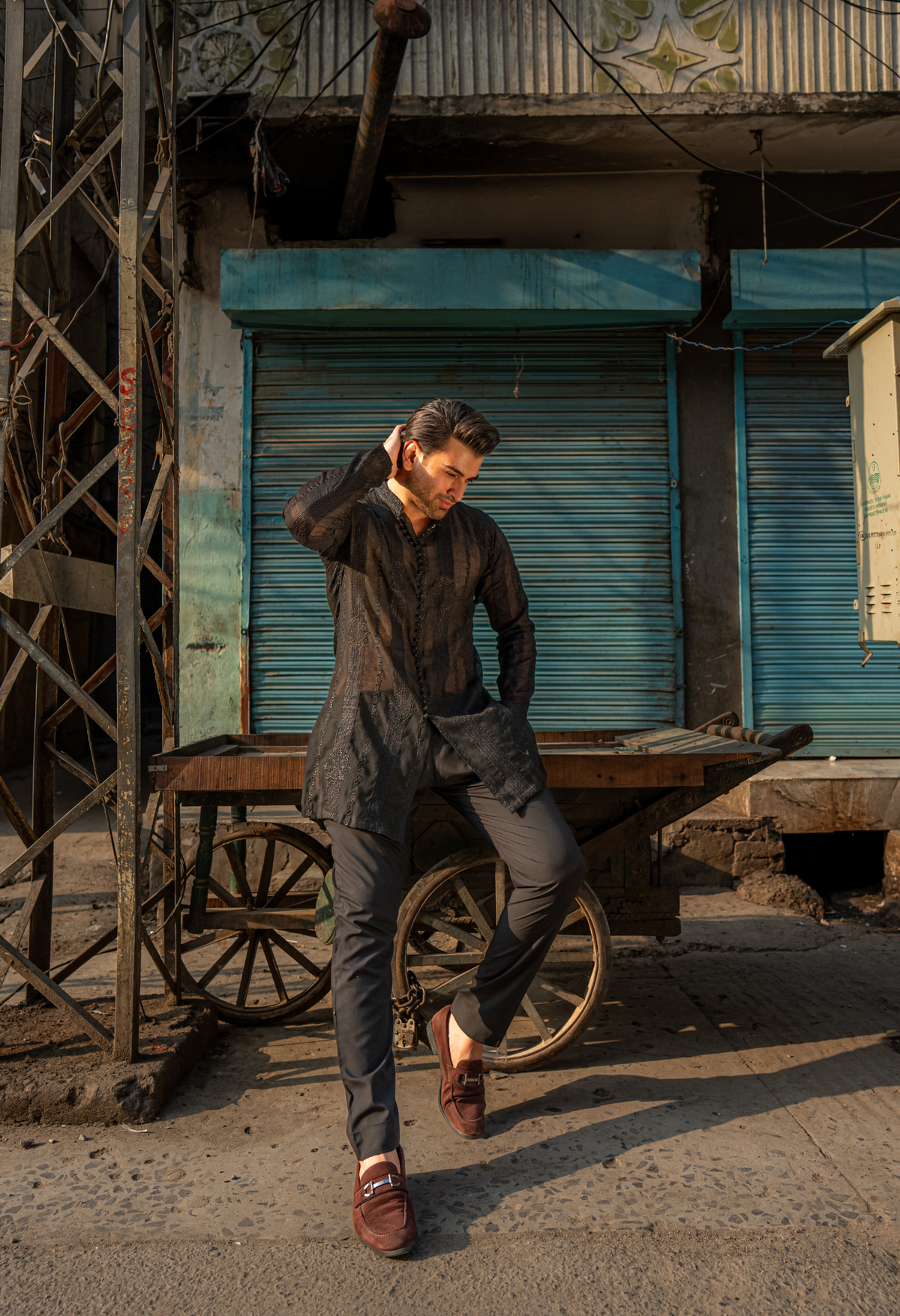 Black Embroidered Short Kurta with Pajama For Men