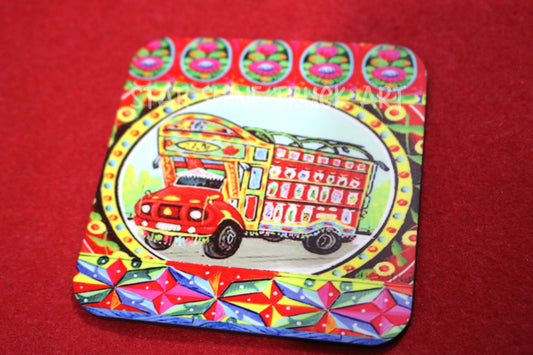 Truck Theme Printed Wooden Tea Coaster (Set of Six Pieces)