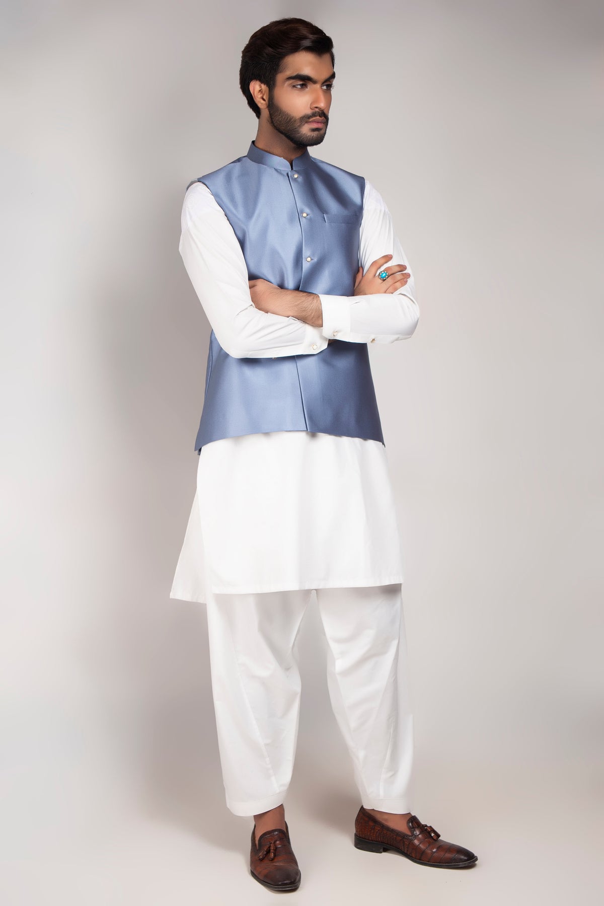 Blue Color Shimmer Waist Coat For Men