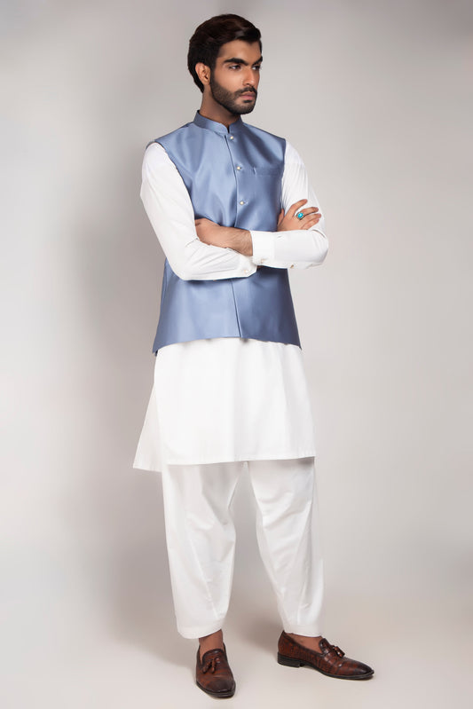 Blue Color Shimmer Waist Coat For Men