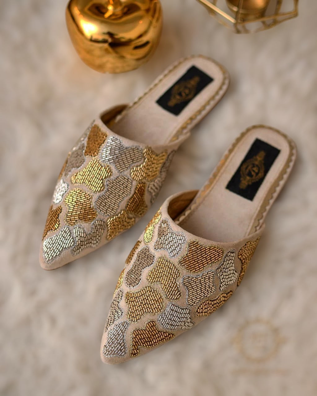 Cara Mules with Gold and Silver Cutdana Work on Off-White Base For Women