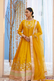 Zarreen Mustard Premium Raw Silk Maxi with Dupatta For Women