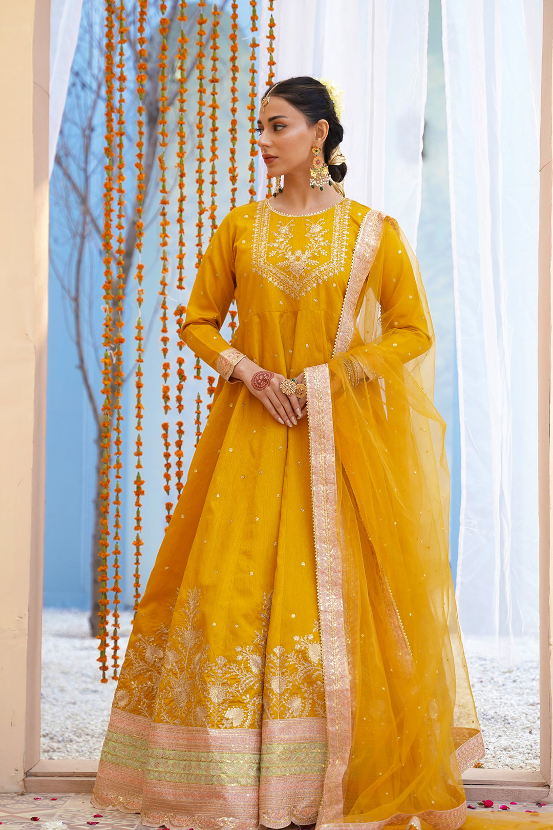 Zarreen Mustard Premium Raw Silk Maxi with Dupatta For Women