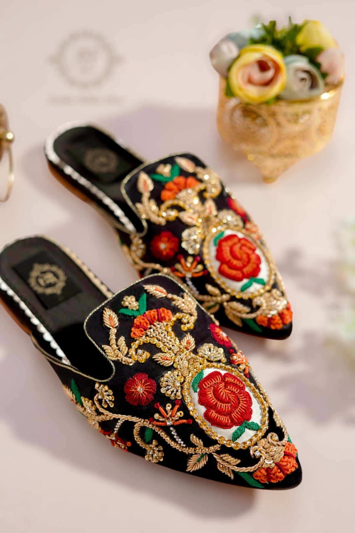 Black Mules with Elegant Resham & Zardozi Work For Women