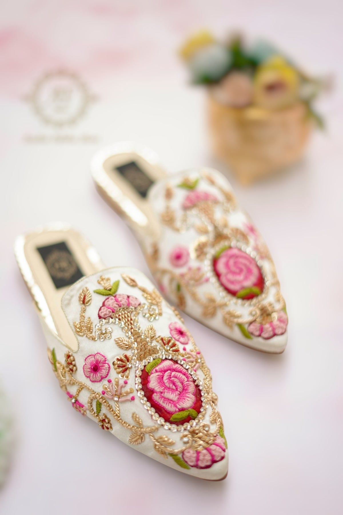 Rosy Off-White Mules with Gold Zardozi & Pink Resham Work For Women