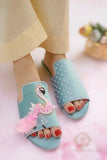 Flamingo Ice Blue Slides - Crafted with Beads, Crystals, and Cut Dana For Women