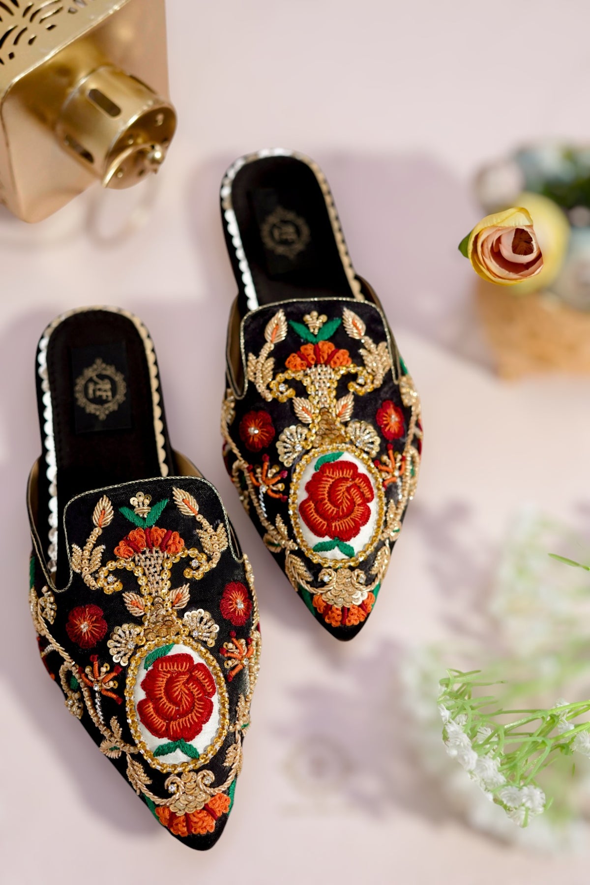 Black Mules with Elegant Resham & Zardozi Work For Women