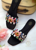 Ilana Stripes Black Slides - Colorful Resham Embroidery Design For Women