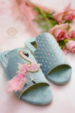 Flamingo Ice Blue Slides - Crafted with Beads, Crystals, and Cut Dana For Women