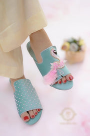 Flamingo Ice Blue Slides - Crafted with Beads, Crystals, and Cut Dana For Women