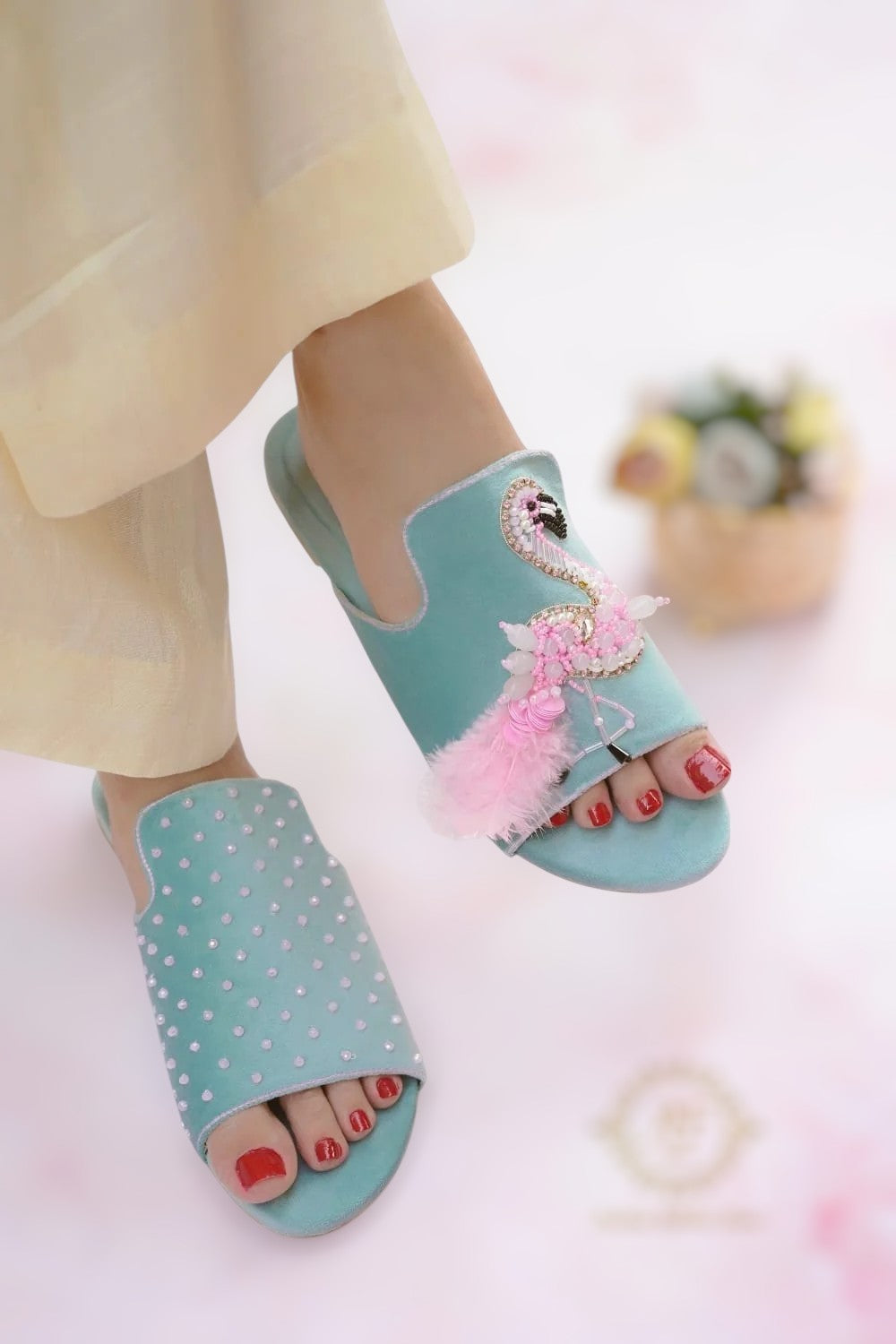 Flamingo Ice Blue Slides - Crafted with Beads, Crystals, and Cut Dana For Women