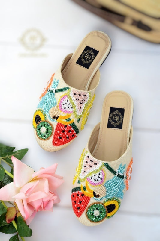Vibrant Handcrafted Mules with Glass Beads & Cut Dana For Women