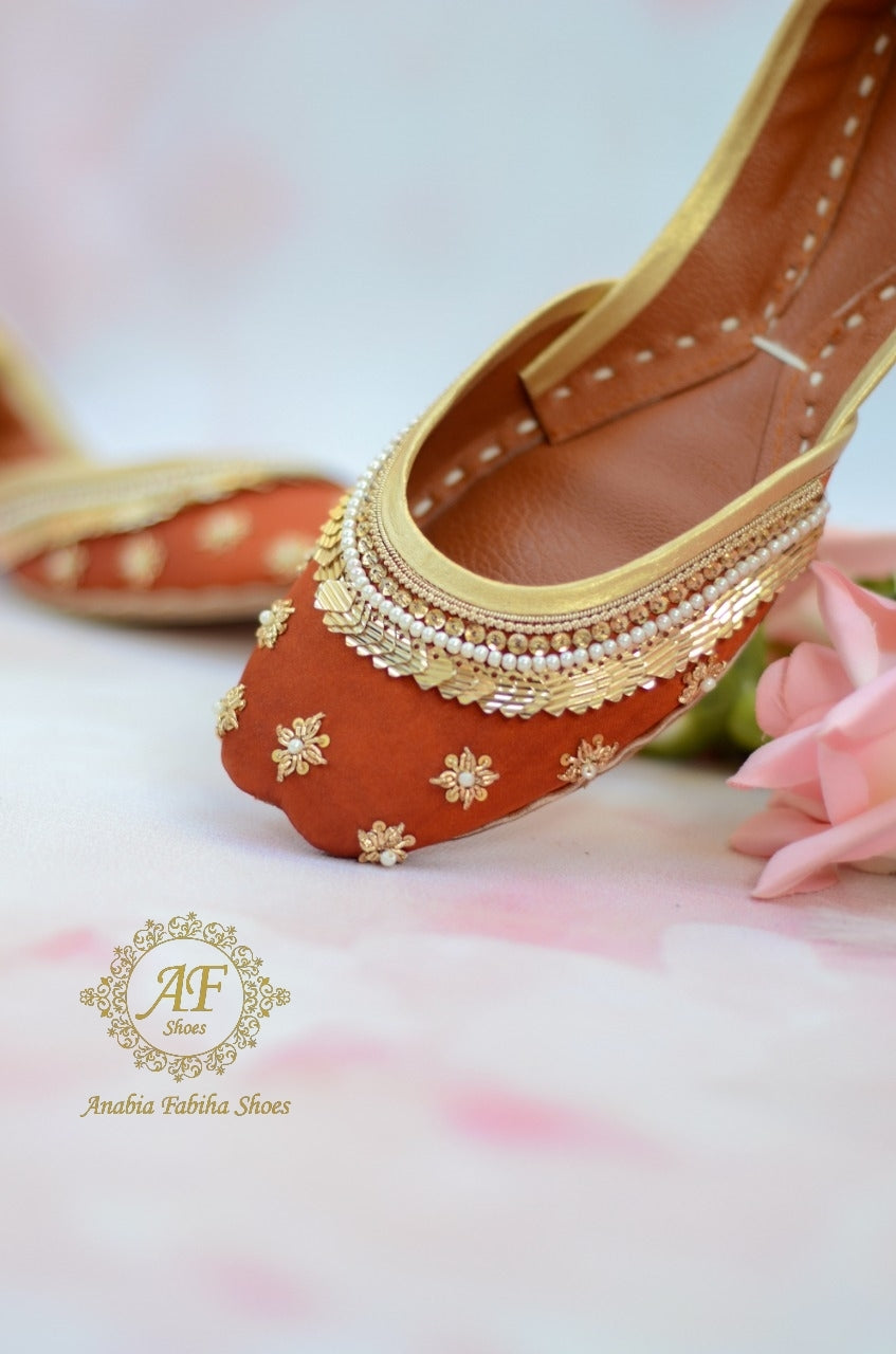 Chic Rust Khussa: Minimal Zardozi Elegance For Women